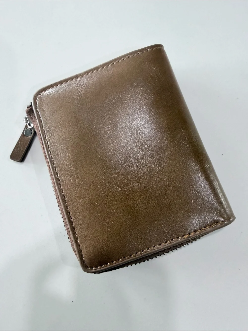 Brown Leather Zip Card Wallet with Contrast Stitching